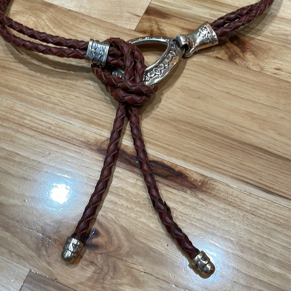 Vintage leather rope braided tie belt brown silver tone details medium large - Picture 9 of 12